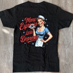 Black Graphic Tee with Retro Coffee Design